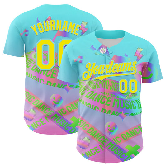Custom Blue Light Yellow-Ice Blue 3D Pattern Design Trippy Dance Music Acid Authentic Baseball Jersey - Sky-Custom