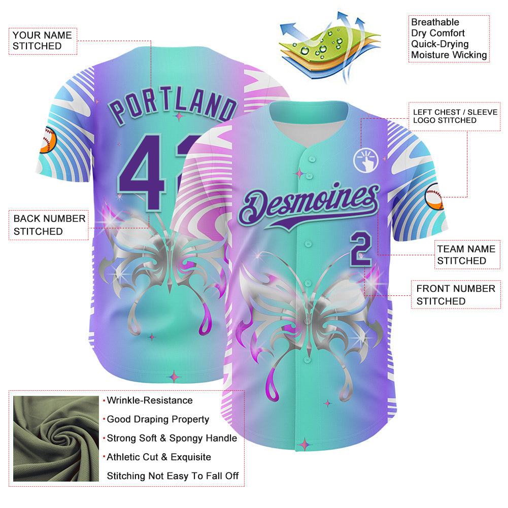 Custom Blue Purple-Ice Blue 3D Pattern Design Trippy Acid Butterfly Authentic Baseball Jersey - Sky-Custom