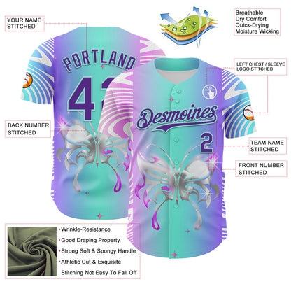 Custom Blue Purple-Ice Blue 3D Pattern Design Trippy Acid Butterfly Authentic Baseball Jersey - Sky-Custom