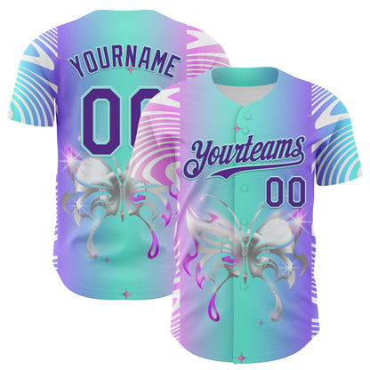 Custom Blue Purple-Ice Blue 3D Pattern Design Trippy Acid Butterfly Authentic Baseball Jersey - Sky-Custom