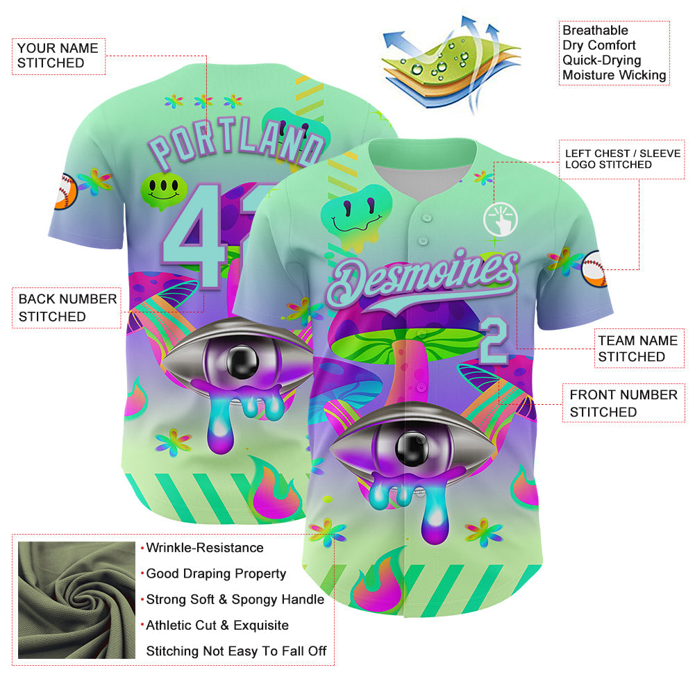 Custom Green Ice Blue-Medium Purple 3D Pattern Design Trippy Magic Mushrooms Acid Authentic Baseball Jersey - Sky-Custom