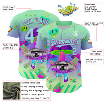 Custom Green Ice Blue-Medium Purple 3D Pattern Design Trippy Magic Mushrooms Acid Authentic Baseball Jersey - Sky-Custom