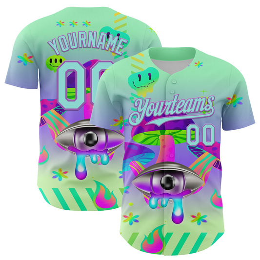 Custom Green Ice Blue-Medium Purple 3D Pattern Design Trippy Magic Mushrooms Acid Authentic Baseball Jersey - Sky-Custom