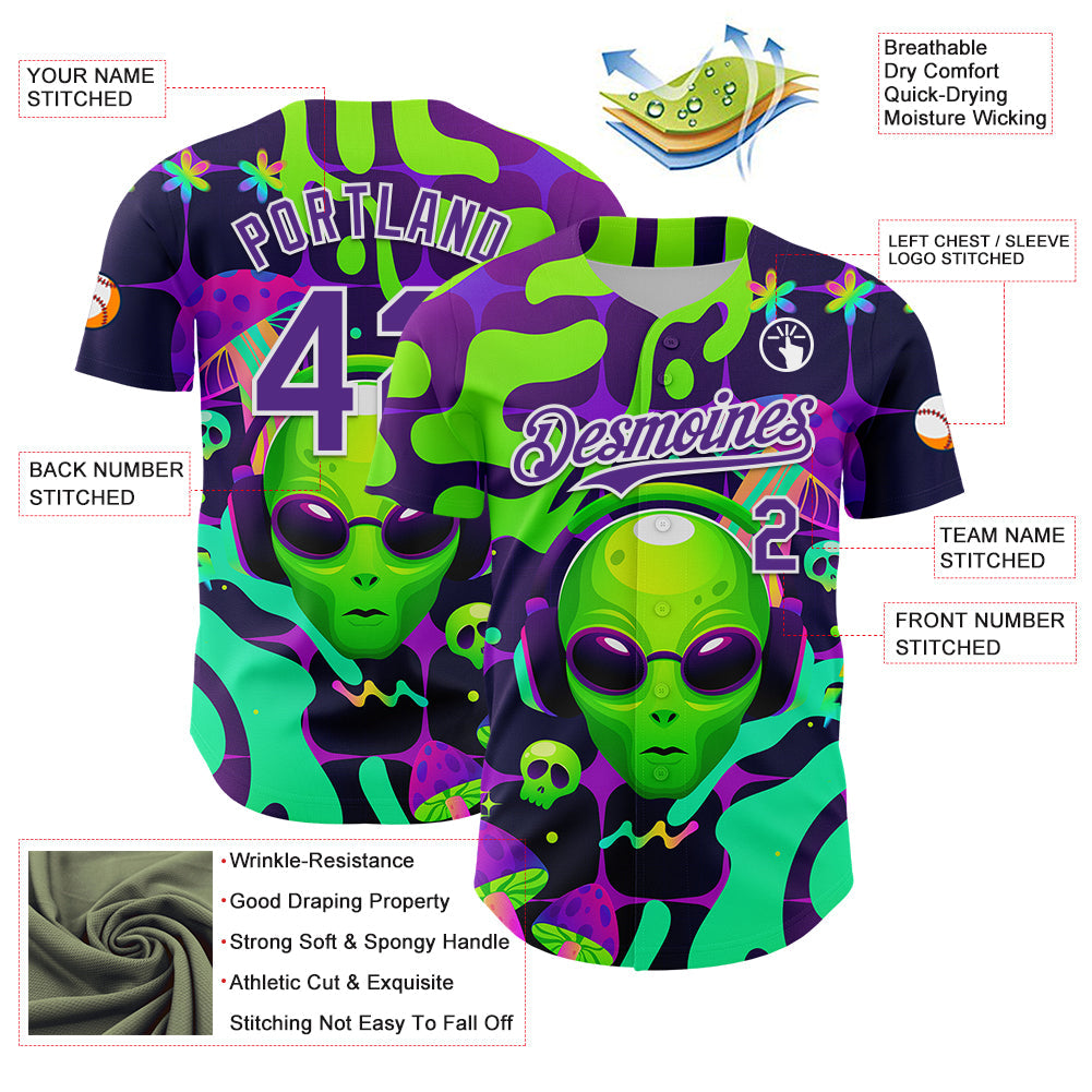 Custom Black Purple-White 3D Pattern Design Trippy Skull Alien Authentic Baseball Jersey - Sky-Custom