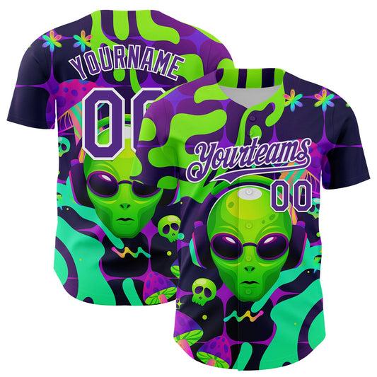 Custom Black Purple-White 3D Pattern Design Trippy Skull Alien Authentic Baseball Jersey - Sky-Custom