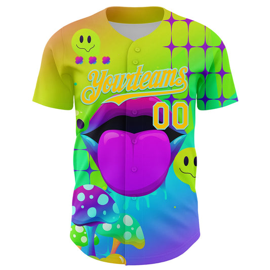 Custom Green Yellow-Ice Blue 3D Pattern Design Trippy Magic Mushrooms Acid Authentic Baseball Jersey - Sky-Custom