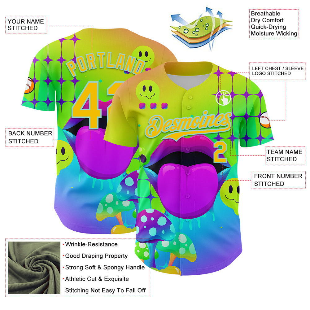 Custom Green Yellow-Ice Blue 3D Pattern Design Trippy Magic Mushrooms Acid Authentic Baseball Jersey - Sky-Custom