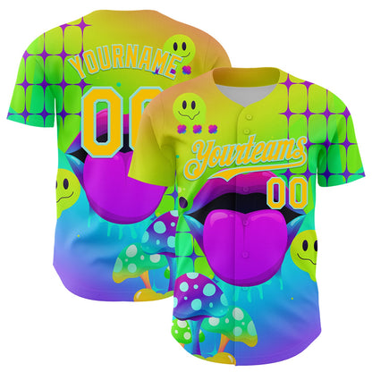 Custom Green Yellow-Ice Blue 3D Pattern Design Trippy Magic Mushrooms Acid Authentic Baseball Jersey - Sky-Custom