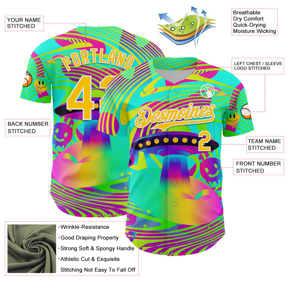 Custom Green Yellow-White 3D Pattern Design Trippy Acid UFO Authentic Baseball Jersey - Sky-Custom