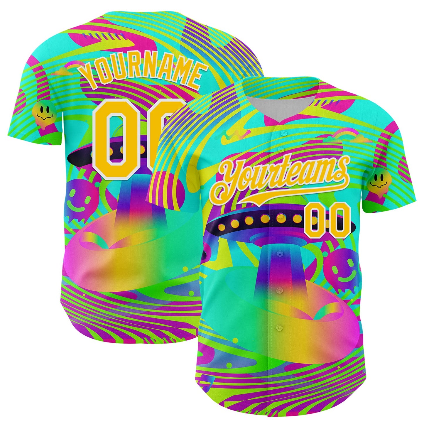 Custom Green Yellow-White 3D Pattern Design Trippy Acid UFO Authentic Baseball Jersey - Sky-Custom