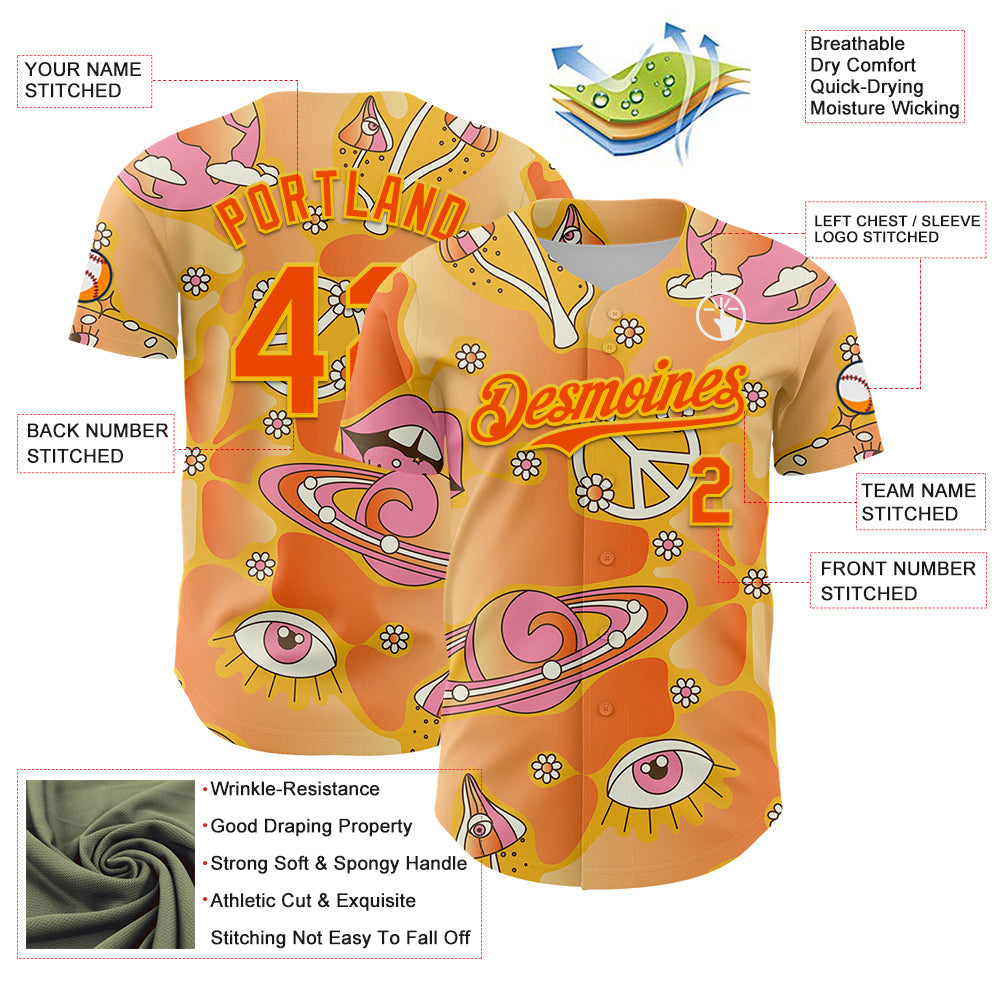 Custom Gold Orange-Yellow 3D Pattern Design Trippy Magic Mushrooms Groove Authentic Baseball Jersey - Sky-Custom