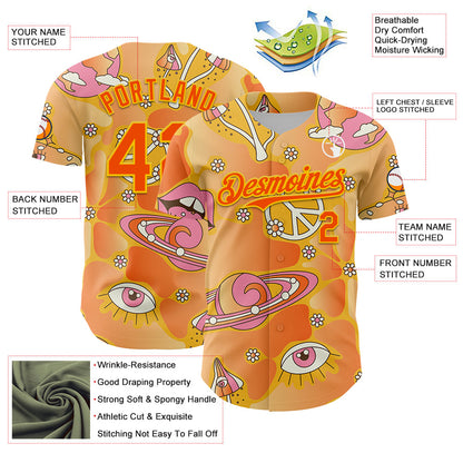 Custom Gold Orange-Yellow 3D Pattern Design Trippy Magic Mushrooms Groove Authentic Baseball Jersey - Sky-Custom