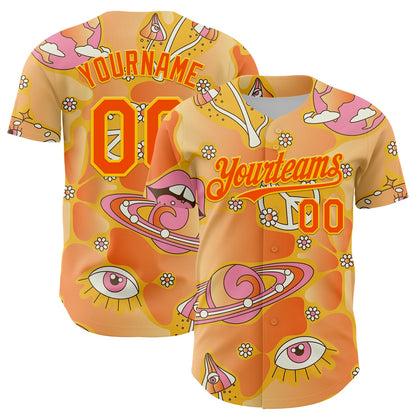 Custom Gold Orange-Yellow 3D Pattern Design Trippy Magic Mushrooms Groove Authentic Baseball Jersey - Sky-Custom