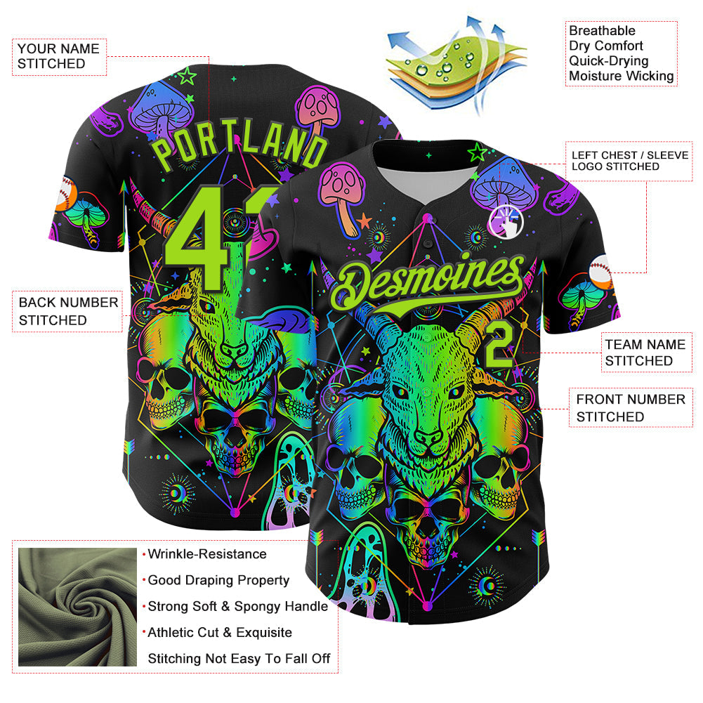 Custom Black Neon Green 3D Pattern Design Trippy Magic Mushrooms Goat Skull Authentic Baseball Jersey - Sky-Custom