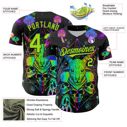 Custom Black Neon Green 3D Pattern Design Trippy Magic Mushrooms Goat Skull Authentic Baseball Jersey - Sky-Custom