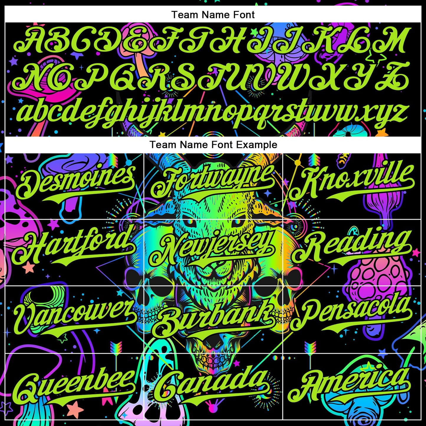 Custom Black Neon Green 3D Pattern Design Trippy Magic Mushrooms Goat Skull Authentic Baseball Jersey - Sky-Custom