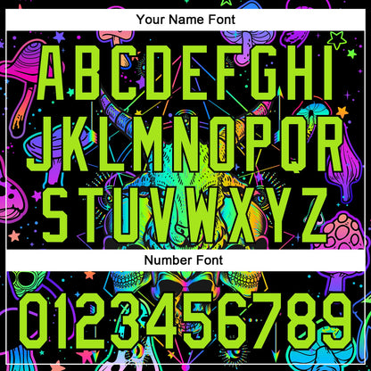 Custom Black Neon Green 3D Pattern Design Trippy Magic Mushrooms Goat Skull Authentic Baseball Jersey - Sky-Custom