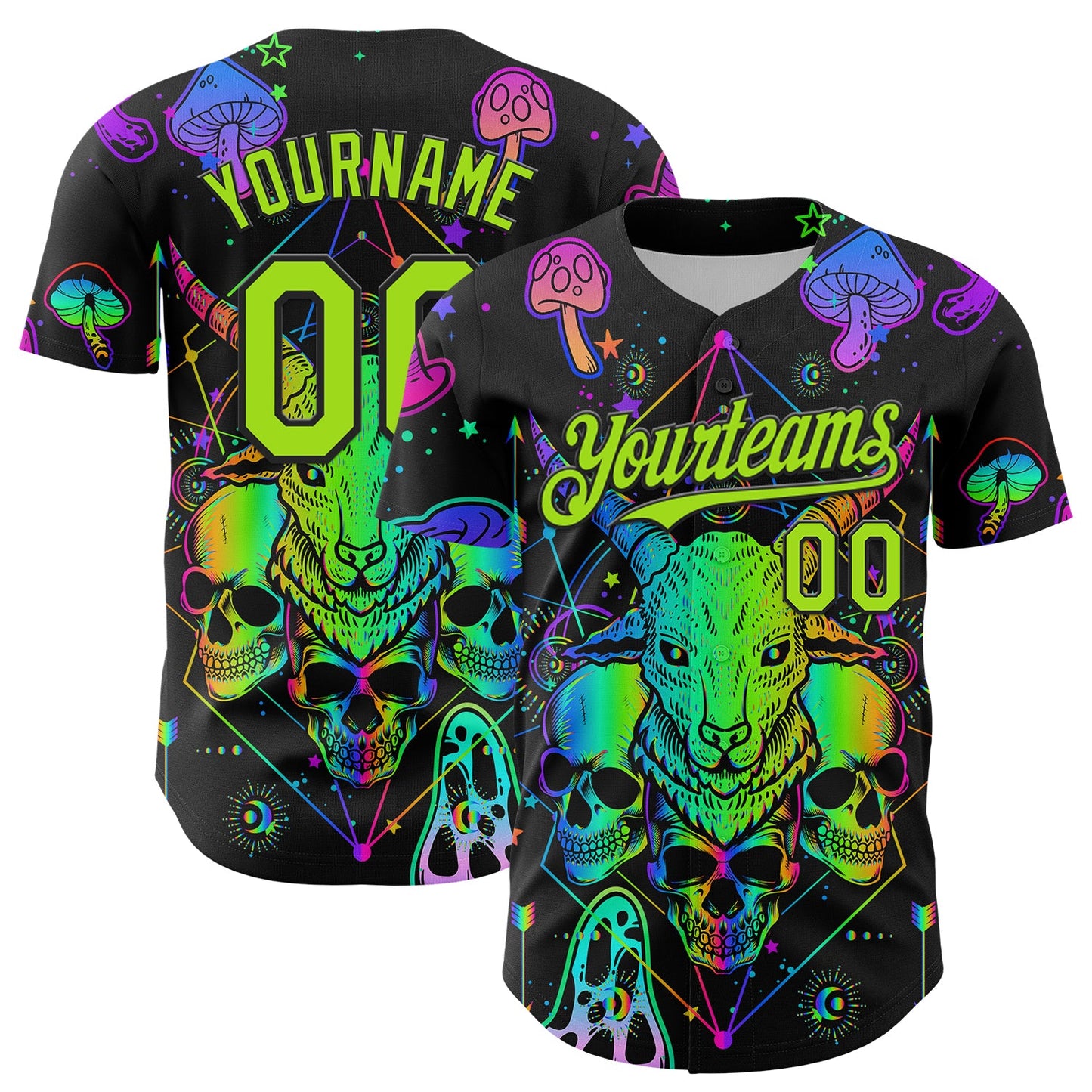 Custom Black Neon Green 3D Pattern Design Trippy Magic Mushrooms Goat Skull Authentic Baseball Jersey - Sky-Custom