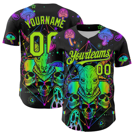 Custom Black Neon Green 3D Pattern Design Trippy Magic Mushrooms Goat Skull Authentic Baseball Jersey - Sky-Custom