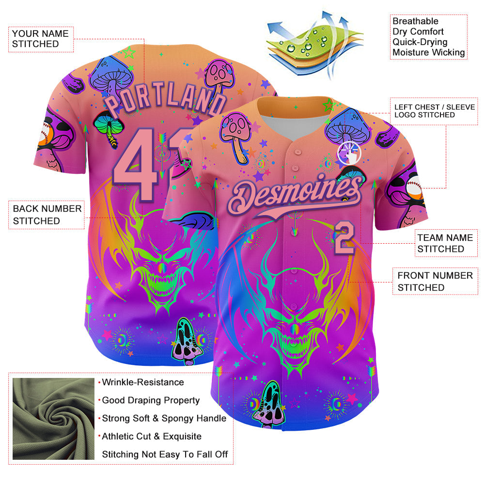 Custom Pink Medium Pink-Purple 3D Pattern Design Trippy Magic Mushrooms Dragon Authentic Baseball Jersey - Sky-Custom