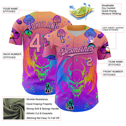 Custom Pink Medium Pink-Purple 3D Pattern Design Trippy Magic Mushrooms Dragon Authentic Baseball Jersey - Sky-Custom