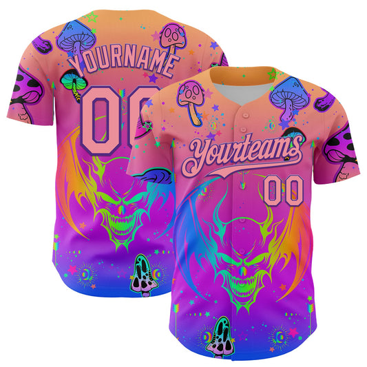 Custom Pink Medium Pink-Purple 3D Pattern Design Trippy Magic Mushrooms Dragon Authentic Baseball Jersey - Sky-Custom
