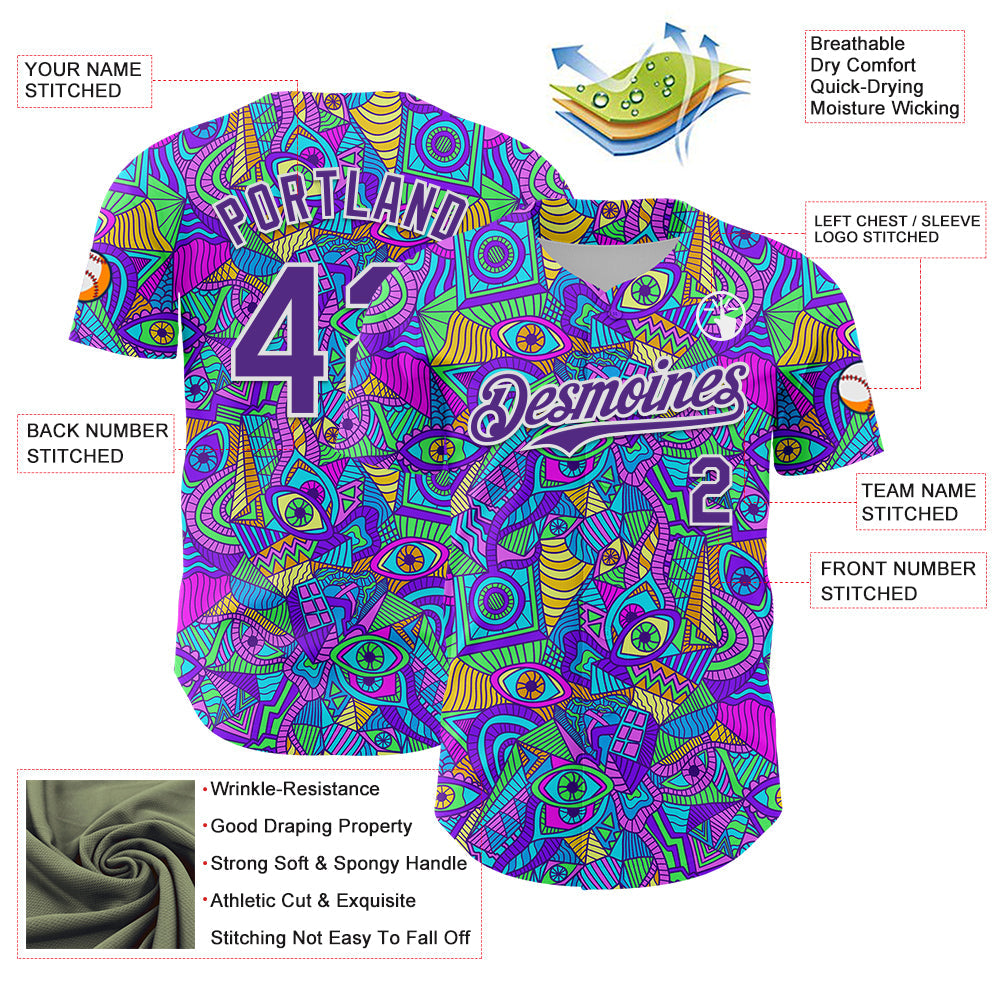 Custom Purple White 3D Pattern Design Trippy Psychedelic Eyes Authentic Baseball Jersey - Sky-Custom