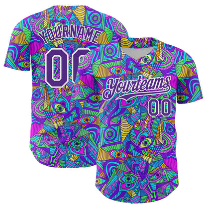 Custom Purple White 3D Pattern Design Trippy Psychedelic Eyes Authentic Baseball Jersey - Sky-Custom