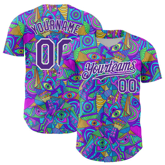 Custom Purple White 3D Pattern Design Trippy Psychedelic Eyes Authentic Baseball Jersey - Sky-Custom