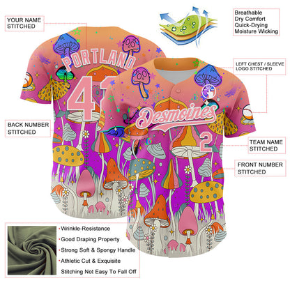 Custom Pink Medium Pink Purple-White 3D Pattern Design Trippy Magic Mushrooms Hippie Authentic Baseball Jersey - Sky-Custom