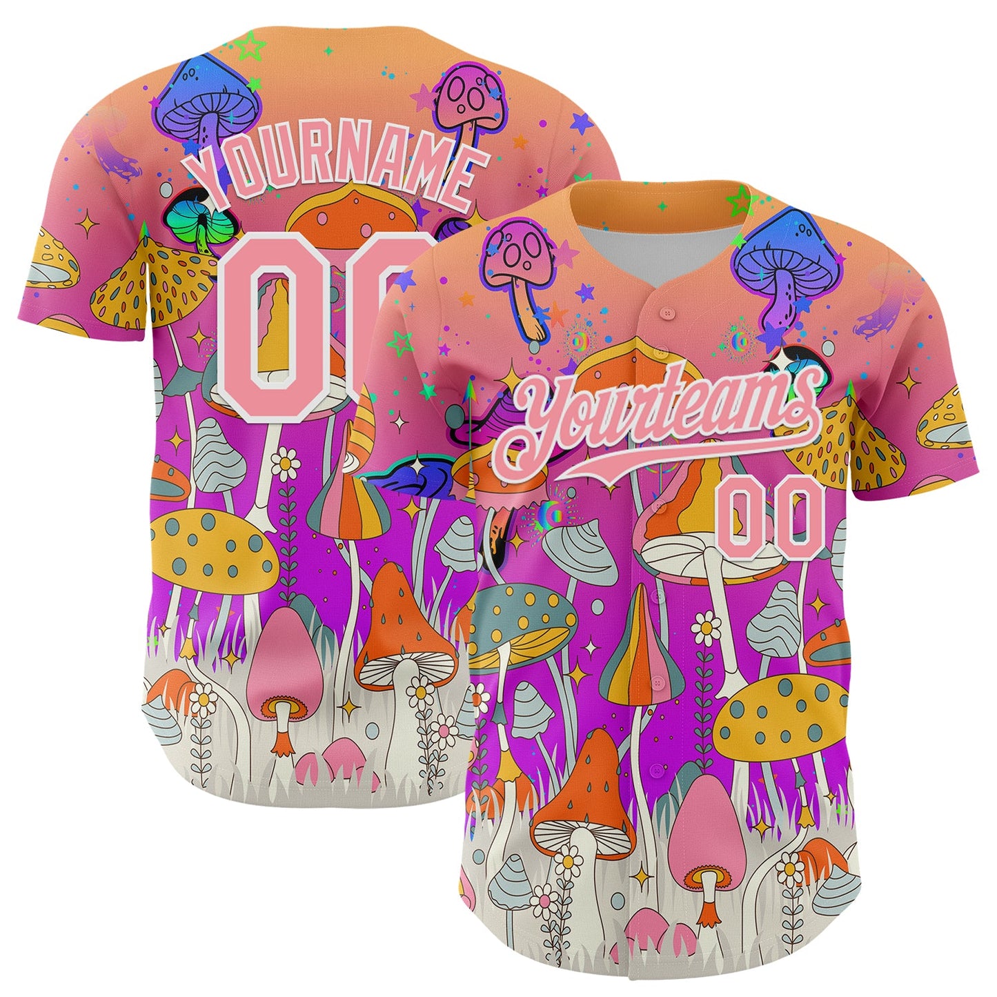Custom Pink Medium Pink Purple-White 3D Pattern Design Trippy Magic Mushrooms Hippie Authentic Baseball Jersey - Sky-Custom