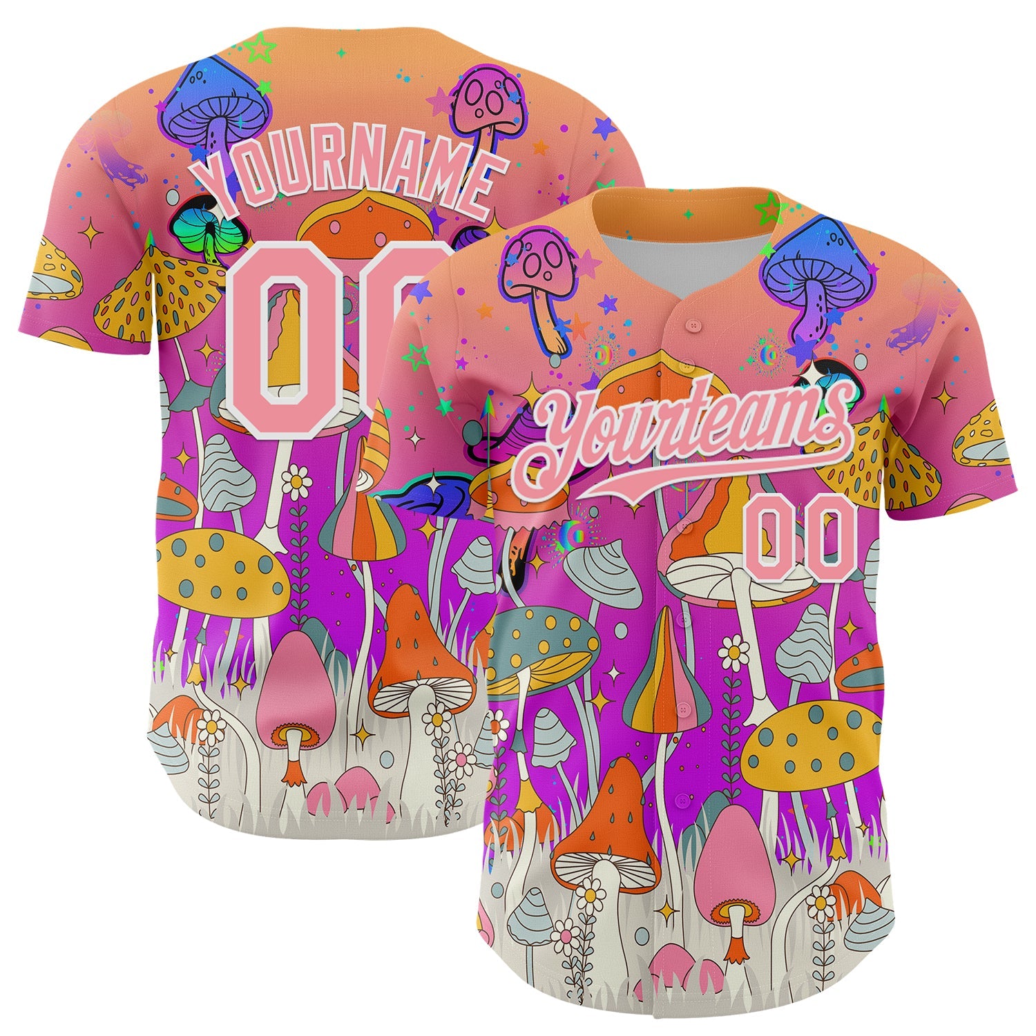 Custom Pink Medium Pink Purple-White 3D Pattern Design Trippy Magic Mushrooms Hippie Authentic Baseball Jersey - Sky-Custom