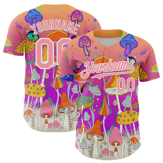 Custom Pink Medium Pink Purple-White 3D Pattern Design Trippy Magic Mushrooms Hippie Authentic Baseball Jersey - Sky-Custom