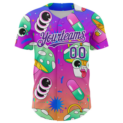 Custom Purple White 3D Pattern Design Trippy Psychedelic Magic Mushrooms Authentic Baseball Jersey - Sky-Custom