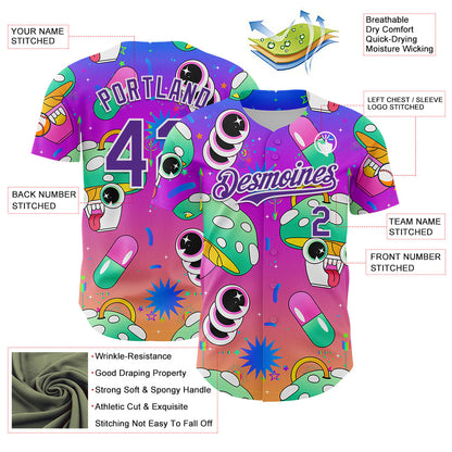 Custom Purple White 3D Pattern Design Trippy Psychedelic Magic Mushrooms Authentic Baseball Jersey - Sky-Custom