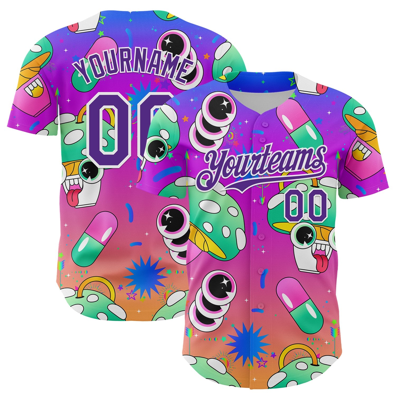 Custom Purple White 3D Pattern Design Trippy Psychedelic Magic Mushrooms Authentic Baseball Jersey - Sky-Custom