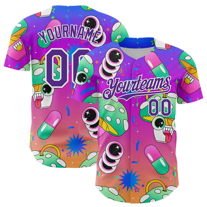 Custom Purple White 3D Pattern Design Trippy Psychedelic Magic Mushrooms Authentic Baseball Jersey - Sky-Custom