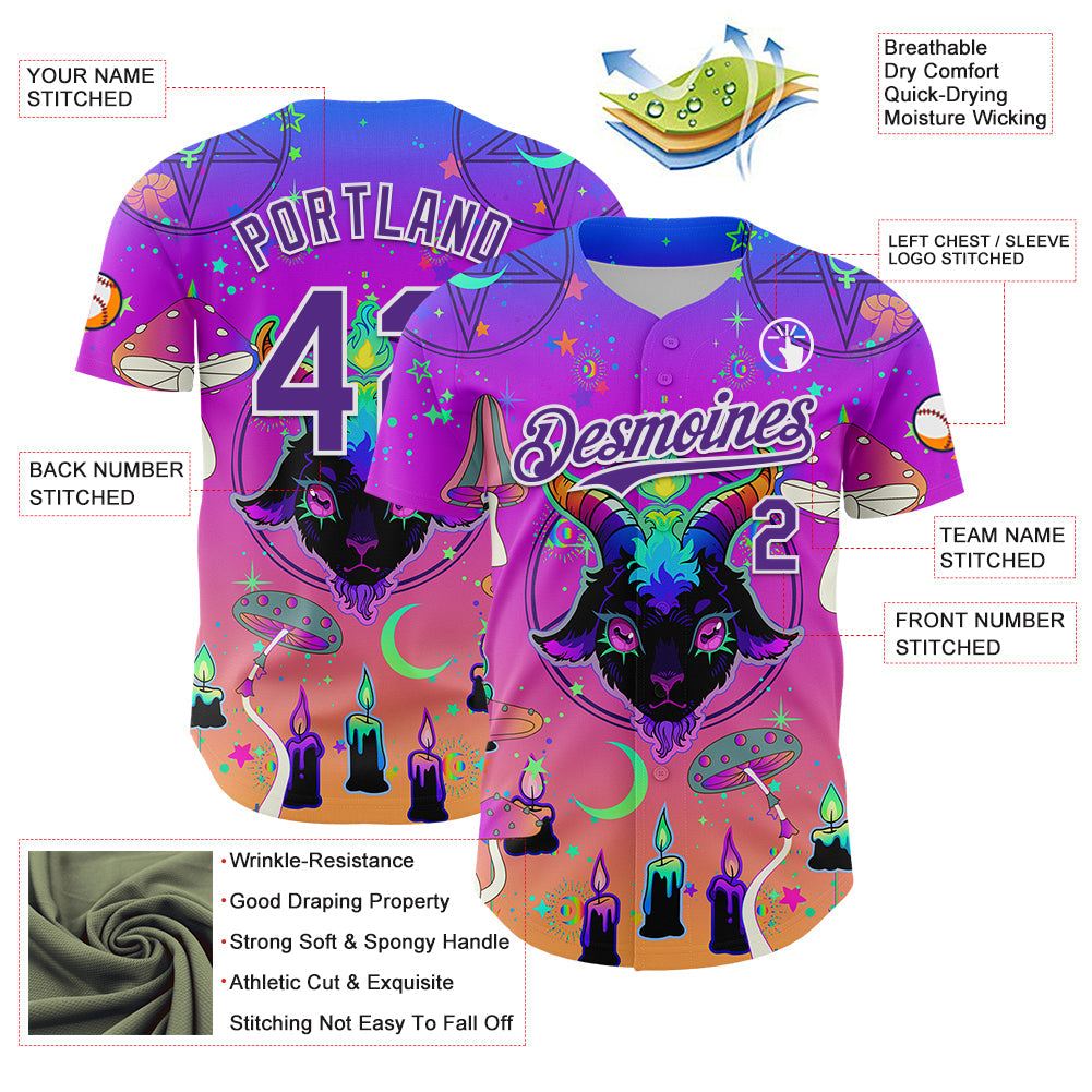 Custom Purple White 3D Pattern Design Trippy Magic Mushrooms Devil Authentic Baseball Jersey - Sky-Custom