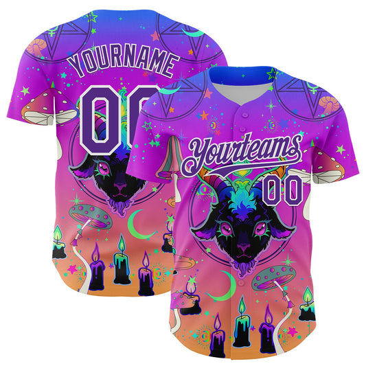 Custom Purple White 3D Pattern Design Trippy Magic Mushrooms Devil Authentic Baseball Jersey - Sky-Custom