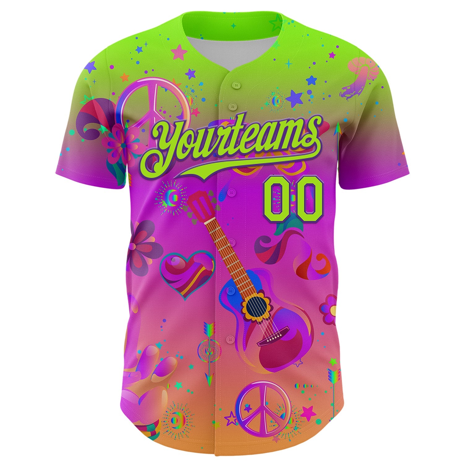 Custom Purple Neon Green 3D Pattern Design Trippy Peace And love Hippie Authentic Baseball Jersey - Sky-Custom