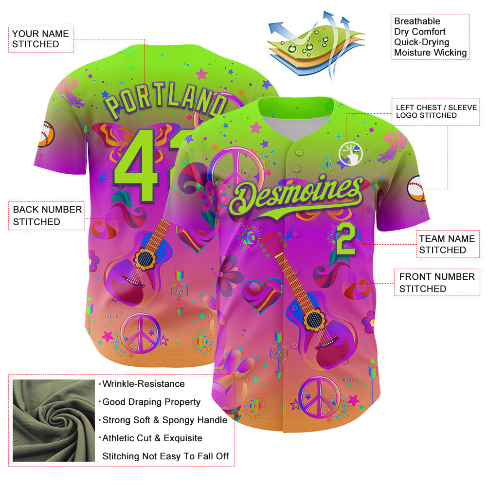 Custom Purple Neon Green 3D Pattern Design Trippy Peace And love Hippie Authentic Baseball Jersey - Sky-Custom