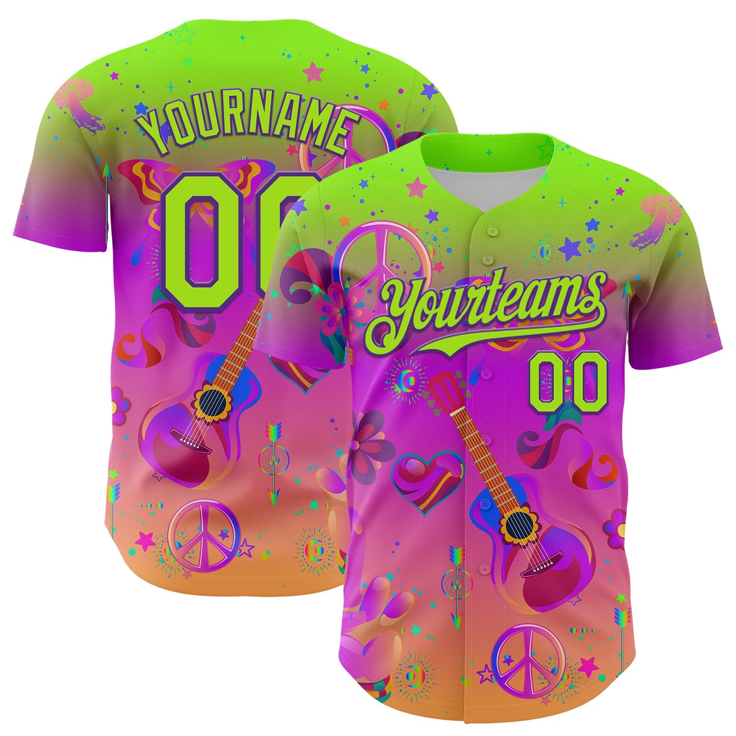 Custom Purple Neon Green 3D Pattern Design Trippy Peace And love Hippie Authentic Baseball Jersey - Sky-Custom