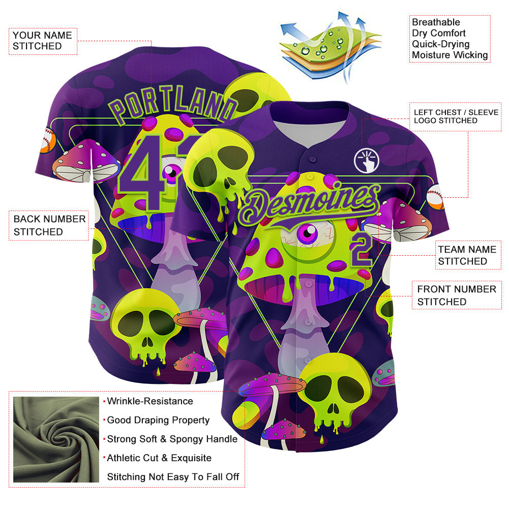 Custom Black Purple-Neon Green 3D Pattern Design Trippy Magic Mushrooms Skull Authentic Baseball Jersey - Sky-Custom