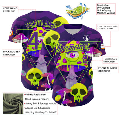 Custom Black Purple-Neon Green 3D Pattern Design Trippy Magic Mushrooms Skull Authentic Baseball Jersey - Sky-Custom