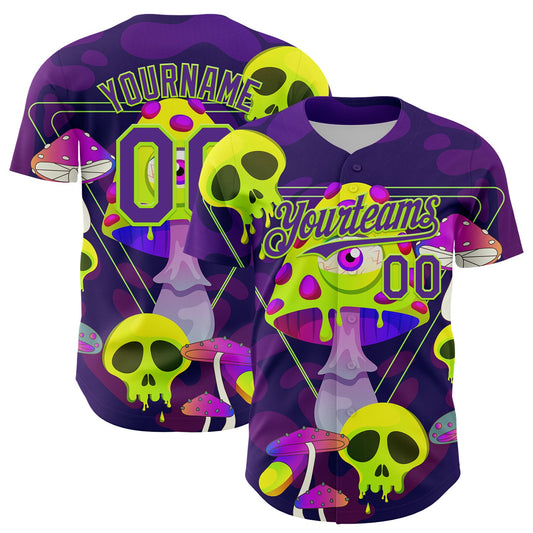 Custom Black Purple-Neon Green 3D Pattern Design Trippy Magic Mushrooms Skull Authentic Baseball Jersey - Sky-Custom