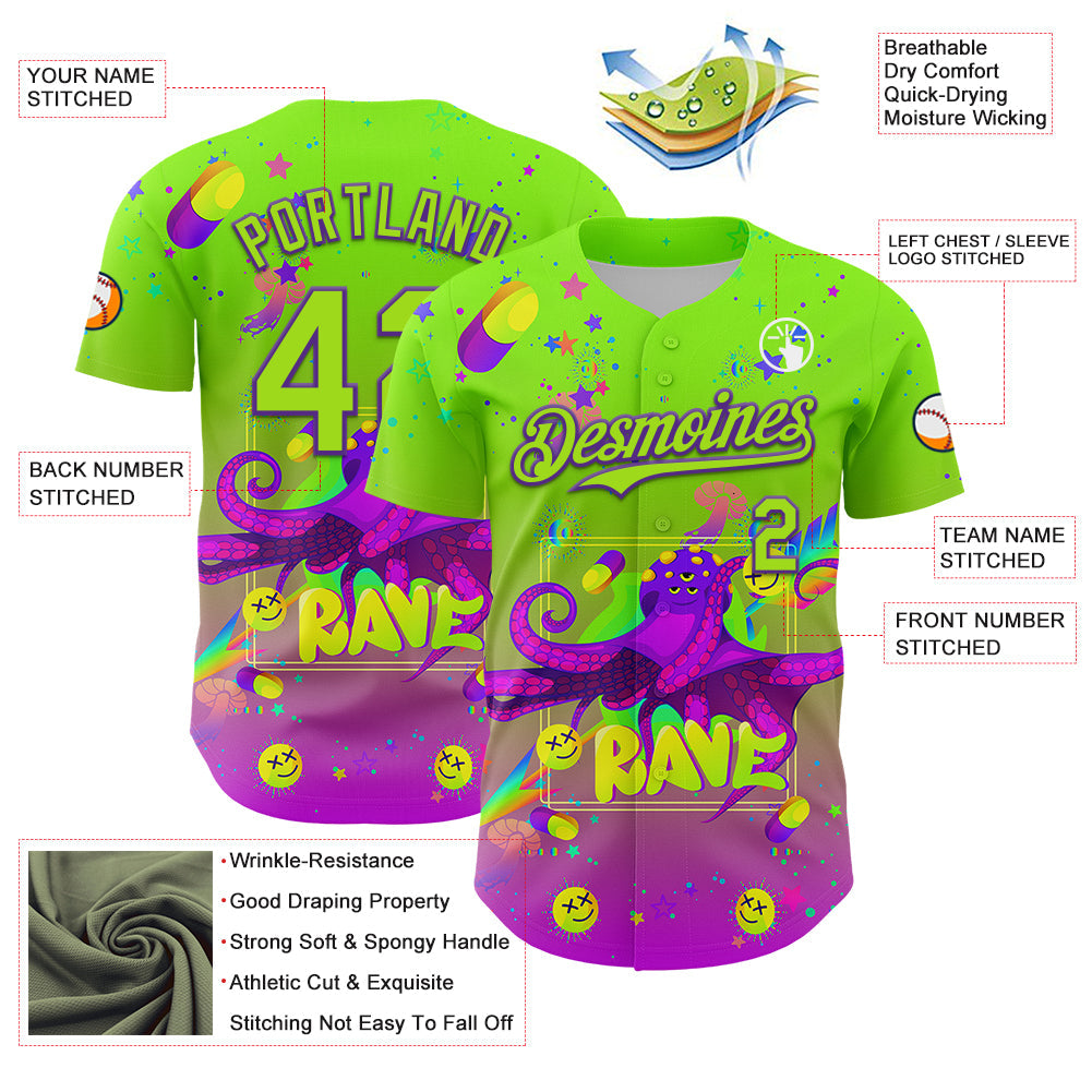 Custom Green Neon Green-Purple 3D Pattern Design Trippy Psychedelic Octopus Authentic Baseball Jersey - Sky-Custom