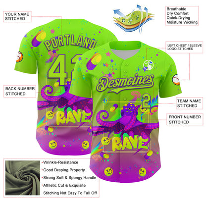 Custom Green Neon Green-Purple 3D Pattern Design Trippy Psychedelic Octopus Authentic Baseball Jersey - Sky-Custom