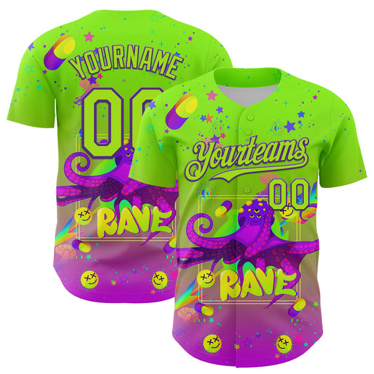 Custom Green Neon Green-Purple 3D Pattern Design Trippy Psychedelic Octopus Authentic Baseball Jersey - Sky-Custom