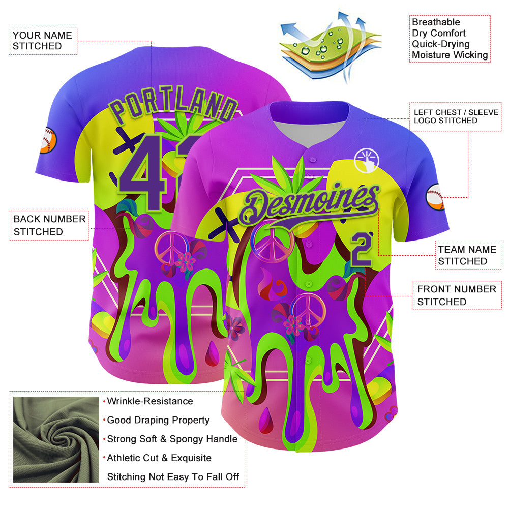 Custom Purple Neon Green 3D Pattern Design Trippy Psychedelic Peace Sign Authentic Baseball Jersey - Sky-Custom