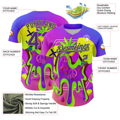 Custom Purple Neon Green 3D Pattern Design Trippy Psychedelic Peace Sign Authentic Baseball Jersey - Sky-Custom